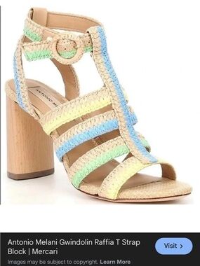 Antonio Melani Beige Raffia T-Strap Block Heel Sandal